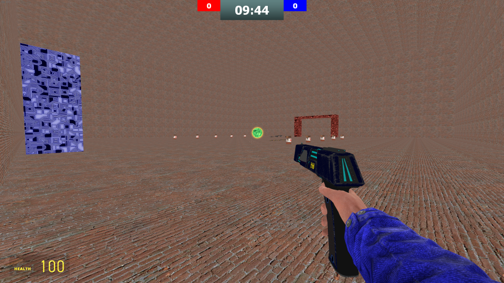 A wide shot of the GPong Test map, featuring basic geometry and some item spawns.